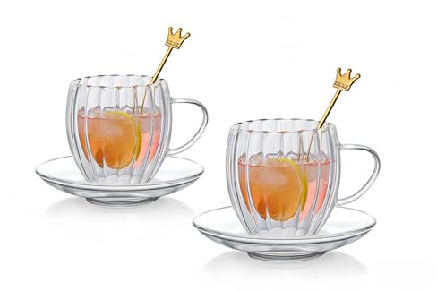 RYHMHA Lot de 2 tasses à café en verre à double paroi, tasse à thé avec soucoupe et cuillère, 260 ml pour cappuccino, latte, boissons chaudes et froides (transparent, style bourgeon floral, 260 ml)