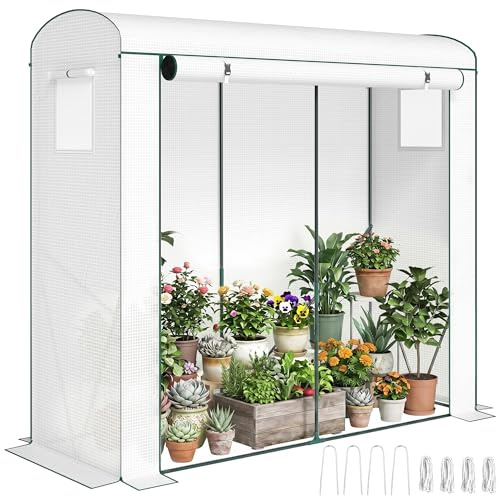 Outsunny Mini Greenhouse, Garden Tomato Growhouse with Roll-Up Door and 2 Mesh Windows, Portable Indoor Outdoor Green House with PE Cover for Garden Patio, 200 x 75 x 188 cm, White
