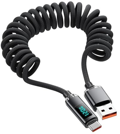 Cavo USB C 120W - Cavo di ricarica a molla, cavo di ricarica ad alta velocità da 3 piedi con display digitale, cavi USB C a ricarica rapida per auto, viaggi, palestra, casa, scuola e
