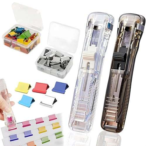 2 Cucitrici Portatili Per Raccoglitori, Cucitrice Senza Punti Metallici Con 100 Clip Riutilizzabili, Mini Cucitrici, Adatte Per Documenti Da Scrivania, Casa, Scuola, Ufficio (Trasparente + Nero)