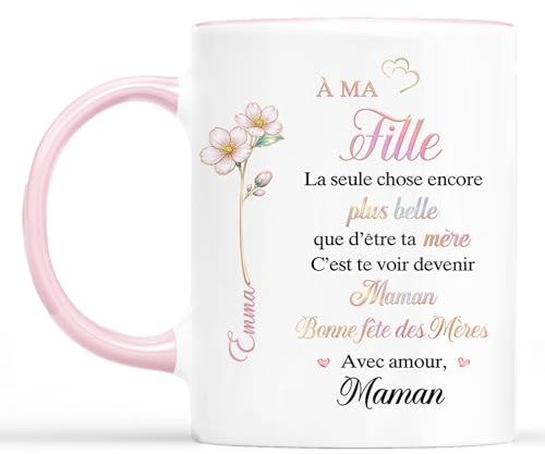 Cadeau Plus Mug Personnalisé Prénom - Fille Avec Fleur - Te Voir Devenir Maman - Cadeau Fete Des Mères, mug fete des meres, Tasse maman personnalisé, cadeau à ma fille (Modèle #2)