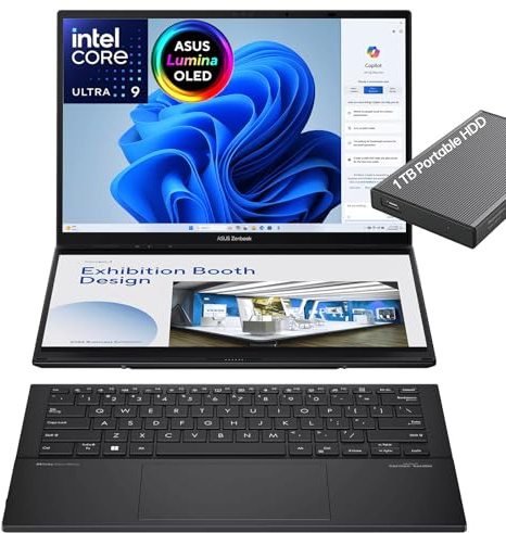 ASUS Zenbook Duo Laptop, doppio display touchscreen OLED WUXGA da 14 pollici, Intel Core Ultra 9 285H, grafica Intel Arc, 32 GB di RAM, SSD da 2 TB, WiFi 7, Thunderbolt 4, KB rimovibile, Windows 11, w