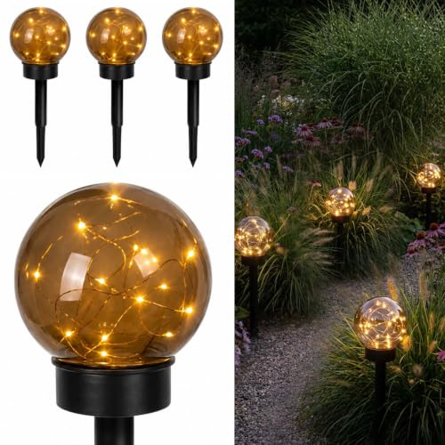 Lumiled 4 Stück Solar Gartenleuchte Solarlampe Solarkugeln für Garten Außen Leuchtkugel Kugel mit Erdspieß Außenleuchte rauch LED IP44 Warmweiß Ø15 cm Wegeleuchte