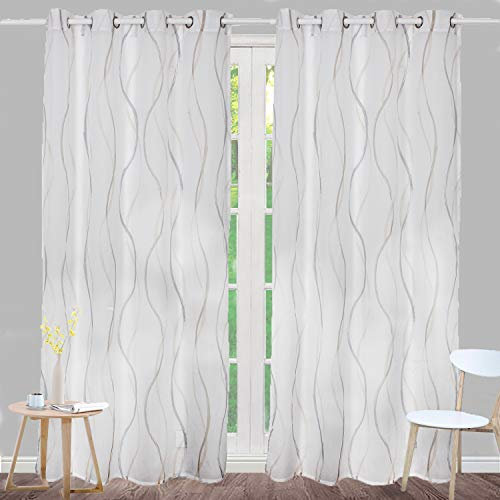 SIMPVALE Voile Vorhang Gardinenschal Wellen Druck Design Transparent Vorhänge Ösenschal Fensterschal Wohnzimmer Schlafzimmer 2er Set, Hellbraun, 140x260cm