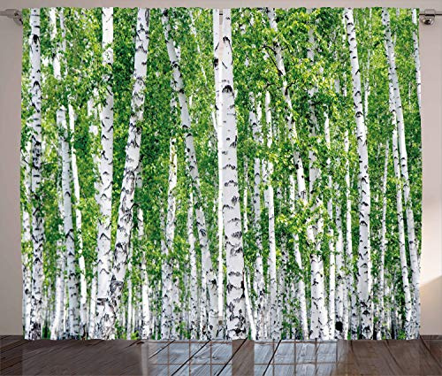 ABAKUHAUS Birke Rustikaler Gardine, Frische Sommer-Blätter, Schlafzimmer Kräuselband Vorhang mit Schlaufen und Haken, 280 x 260 cm, Grün Weiß Schwarz