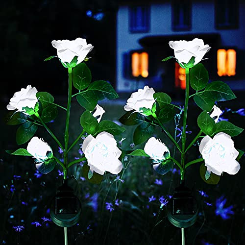 XVZ Solar Gartenstecker für Außen Garten, 2 Stück LED Rose Solar Blumen Lampen mit größerer Blume und Breiterem Wasserdichte Solarpanel für Rasen Terrasse Weg Balkon Deko - Weiß