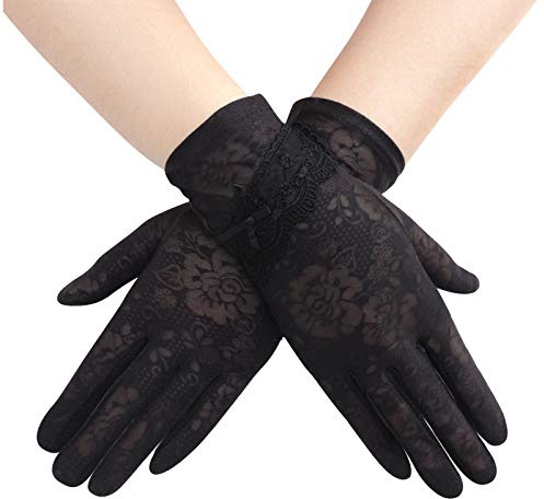 Elegant Women's Sun Protection Summer Short Floral Lace Anti-skid Screentouch Full Finger Gloves - UV Blocking, Fishing, Hiking, Cycling, Wedding (#E-Black, ONE SIZE)