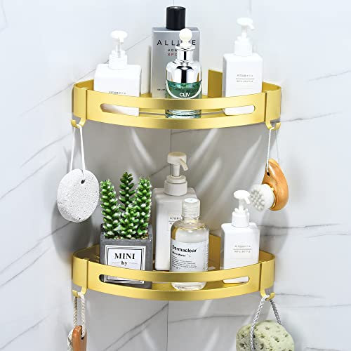 maifey Étagère Douche sans Perçage Etagere Angle Salle de Bain Tablette Salle de Bain avec 4 Crochets Panier de Rangement Douche en Métal Antirouille Etagere Murale Adhésif(Dore, 2 Niveaux)