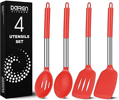 Silikon Pfannenwender und kochlöffel Set, 4 Stück, Rot | Silikon Küchenutensilien Kochbesteck Set mit Edelstahlgriff, Antihaft Hitzebeständiger Kochutensilien Set, Spülmaschinenfest