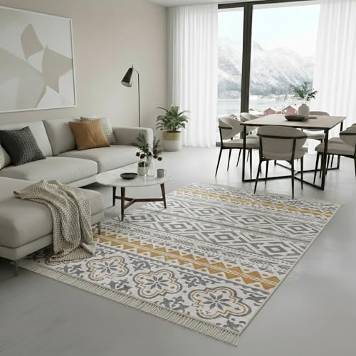 Fashion4Home Teppich Läufer - Tepiche für Wohnzimmer, Schlafzimmer, Küche, Kinderzimmer, Badezimmer - Boho Kelim - Läufer Flur, Ceramic-Hellgrau-Gold, Größe: 120x170 cm