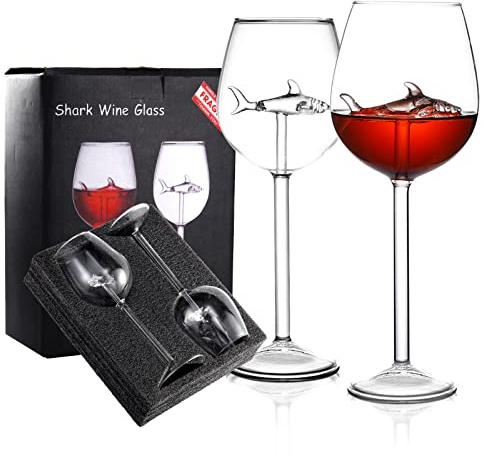 SLHOWOW Red Shark Wine Glasses, Lead-Free 10oz Crystal Long Stem Wine Cups Set for Anniversary Birthday Gifts with Box Packing