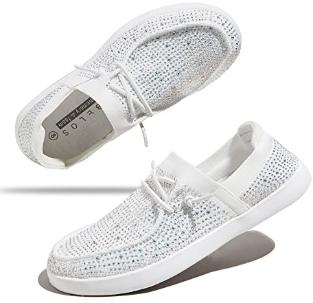 BELOS Women's Rhinestone Lace Up Loafers Shoes Comfortable Slip On Mesh Knit Walking Shoes Fashion Lightweight Sparkly Glitter Sneaker(White,8