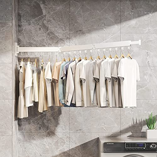 Honeyhouse Einziehbar Wandmontage Wäscheständer,2023 Neue Faltbar Einziehbar Drehbar Kleiderständer mit Sockenklemmen & Kleiderbügel Bar, Dreifach Faltbarer Wäscheständer mit Handtuchhalter(Weiß)