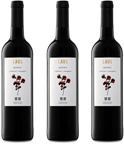 LAUS - Pack de 3 Botellas de Vino de Reserva - Vino Tinto con D.O. Somontano - Reposo en Barrica de Roble Mixta - Elaborado con Variedad Cabernet Sauvignon - Aroma Intenso