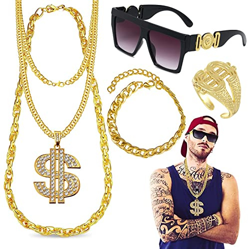 DONGZQAN Zuhälter Kostüm Set, Hip Hop Outfit Herren, 80er/90er Rapper Accessoires, Goldkette Herren/Dollar Ring/Goldenes Armband/Dollar Kette/Schwarze Rahmenbrille