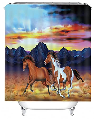 Whoiy Duschrollo Schwarz, Duschvorhang für Badewanne Über Eck 150X200cm Polyester Bath Curtains Zwei Pferde Braun für Badezimmer