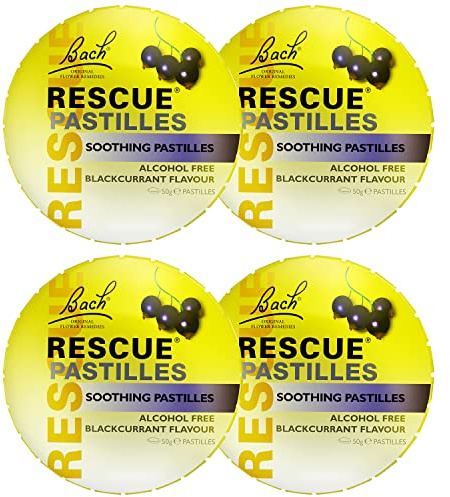 Rescue Remedy Pastilles - Paquete de 4 unidades, grosella negra, bienestar emocional y equilibrio, formato fácil de usar, 4 paquetes de 50 g