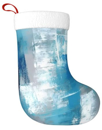 Blau-weiße abstrakte Ölgemälde-Weihnachtsstrümpfe, 45 cm, Weihnachtsbaum-Hängestrumpf, Weihnachtsdekoration, Ornamente, Strumpf klassischer Geschenkhalter für Famliy Home Party Urlaub Jahreszeit Dekor