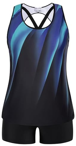 Hanna Nikole Tankini dam sportig stora storlekar tredelad tank urholkning topp med boyshorts push up baddräkt dam baddräkt, Blå blomma, 50 Große Größen