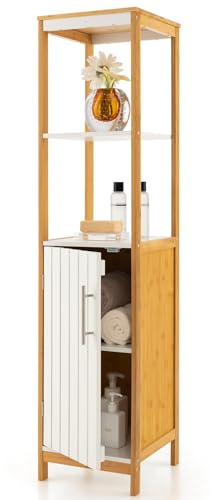 GIANTEX Armadio da bagno in bambù con porta e scaffale regolabile | Torre della biancheria stretta con ripiani aperti, mobile indipendente per bagno, ripostiglio e cucina