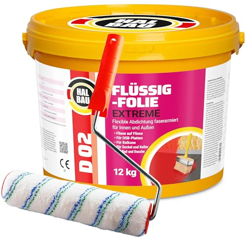 Flüssigfolie 12kg für Innen und Aussen, Faserverstärkte Hochelastische Abdichtung, Wassersperre unter Fliesen, Balkon, Dusche + Farbroller 25cm Halbau SET D02