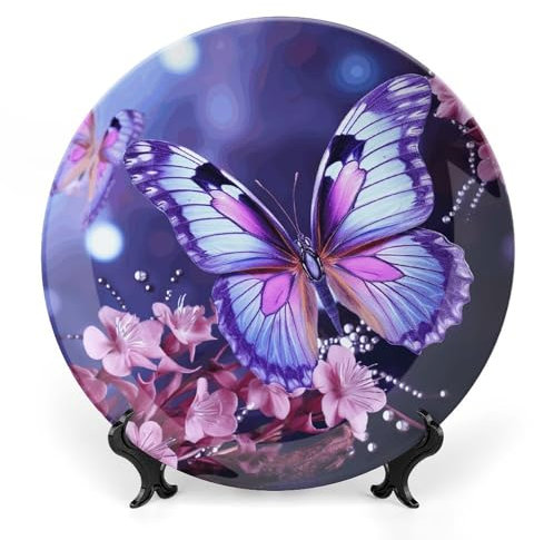 BTCOWZRV Purple Butterfly Ceramic Decorative Plate Bone China Decorative Plates with Display Stand Dinner Plates Art Crafts Ceramic Ornaments for Wall Hanging Decoration