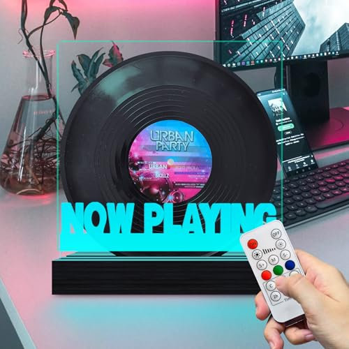 Fanrui Now Playing Light Up Vinyl Record Holder | 7 Colors Change LED Tabletop Record Storage | Glowing Solid Wood Music Album Display with Remote & Dimmer | Vinyl LP Recors Storage Shelf Gifts