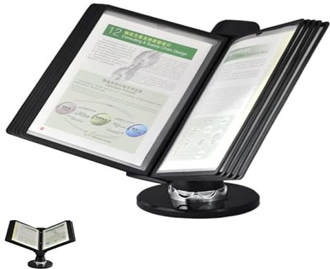Referenz-Display-Dokumentenhalter, Schwarzes Katalogdisplaygestell aus PVC und Metall, 10 doppelseitige Displaytaschen, Briefgröße, langlebiger, platzsparender Referenzständer for den Schreibtisch, ei