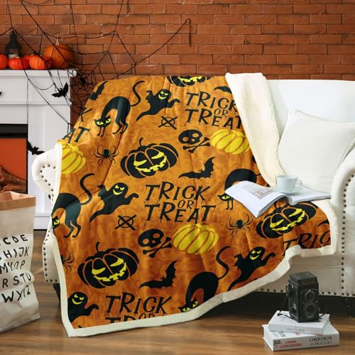 WONGS BEDDING Halloween Kuscheldecke Kürbis Schläger Flauschig Fleecedecke 150x200 cm, Sherpa Decke Super Weich und Warme Wohndecke als Couchdecke Sofadecke Überwurf für Bett Couch
