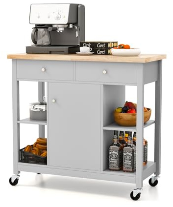 KOMFOTTEU Carrello da Cucina in Legno, Mobile Cucina con 4 Ruote, Penisola Cucina con Piano di Lavoro e 2 Cassetti e Armadietto, 99 x 46 x 90 cm (Grigio)