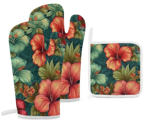 Lot de 3 gants de cuisine et maniques résistants à la chaleur - Motif fleurs vertes et rouges - Gants de barbecue - Gants de cuisine pour cuisine et grillades