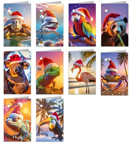 20 Weihnachts-Etiketten Anhänger, lustige Tiere mit Weihnachtsmützen, 300g matt, klimaneutral gedruckt, Xmas Tags für Geschenkverpackungen