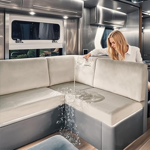 SYLC Wasserdicht Samt Bezüge Für Wohnwagenpolster, rutschfest Ersatzbezug Für Wohnwagen Polster Mit Gummiband Und Schnürung Sofa Sitzkissenbezug (Beige,W 150-190 cm, D 55-65 cm)