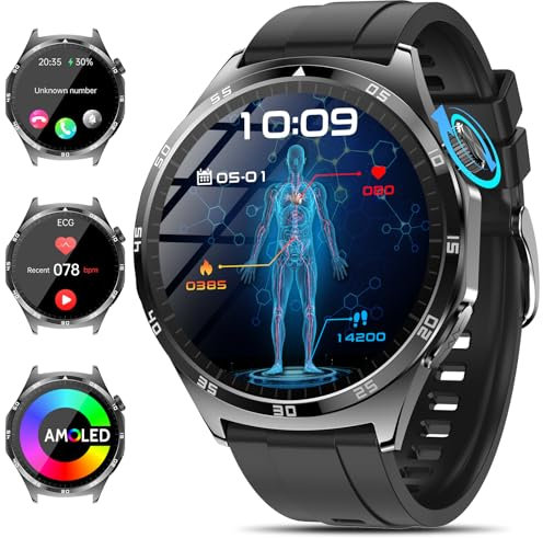 Marsyu 2025 Neu Smartwatch Herren mit EKG/Harnsäure/BMI 38mm 1,43 AMOLED, Fitness Gesundheitsuhr mit 24/7 Herzfrequenz Blutdruck SPO2, Schlaf/Apnoe-Monitor Bluetooth-Anrufe SOS-Notruf, Schwarz
