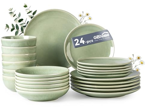 GBHOME Ceramic Dinnerware Sets for 6, 24 Pieces Handpainted Plates and Bowls Set, Scratch Resistant Stoneware Dishes Set, Dishwasher & Microwave Safe