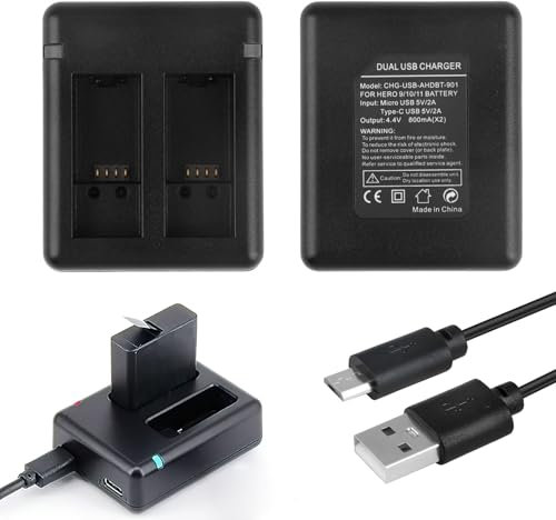 4.4V 0.8A Dual Camera Battery Charger for GoPro HERO12/11/10/9, Battery Charger with Type-C and Micro USB Ports, Portable Power Chargering Box with LED Indicator, 45cm Charging Cable (No Batteries)