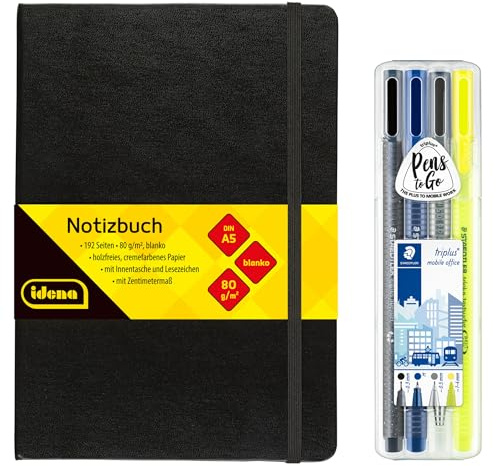 Idena 90330 – Anteckningsbok DIN A5 med 192 sidor, tom, inkl. STAEDTLER Triplus Mobile Office Set med Fineliner, kulspetspenna och överstrykningspenna
