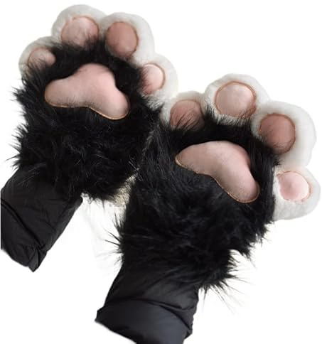 Cazqgoy 1 par plyschpärl med kattpåsar, kattpåshandskar, plyschpärl med kattpåsar, plyschpärl med kattpåshandskar Therianhandskar, Svart och vit, 25 cm
