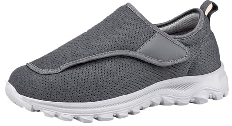 Chaussures diabétiques pour homme, extra larges, à enfiler avec soutien de la voûte plantaire, chaussures orthopédiques avec sangle réglable pour pieds gonflés, gris, 41 1/3 EU