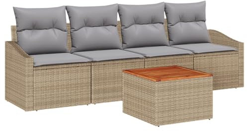 vidaXL Trädgårdsoffset med kudde 5 pcs Beige konstrotting, Stiligt, modernt, UV-beständigt material för trädgårdsmöbler, rattan soffor, modulära loungesoffor, patiomöbler, sektioner