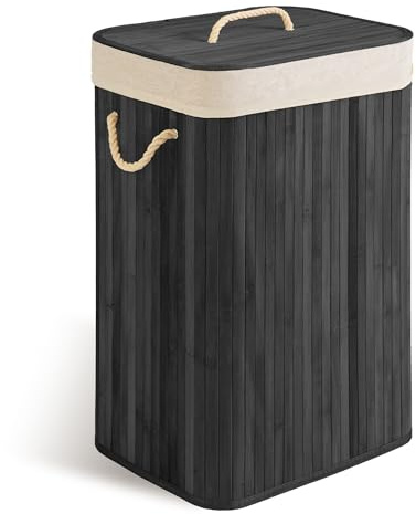 Massido Wäschekorb mit Deckel 72 L - Wäschesammler aus Bambus - Wäschebox - Schwarz - 61 x 42 x 32 cm
