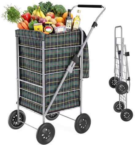 70L 4-Wheel Foldable Shopping Trolley Bag, Extra Large Capacity, Push/Pul, 102cm, Waterproof Lining Shopping Cart Trolley, Portable,Height Adjustable Handle, Tool-Free Setup