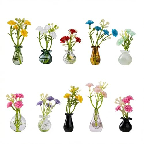 10-Pack Magnetic Mini Glass Vases Set with 30+ Flowers - Strong Magnet Decor for Fridge, Locker and Office - Small for Mom and Women
