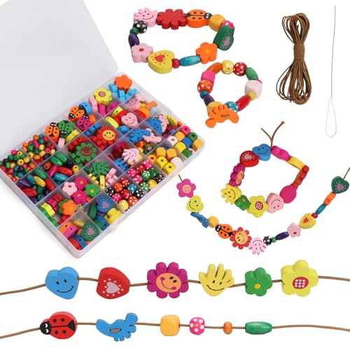 FICOFISE Perline di legno da infilare, 400 pezzi: 12 tipi di perline colorate da infilare, per bambini, adulti, fiori e animali, set di perline per bambini, con spago e ago, per bracciali, collane fai