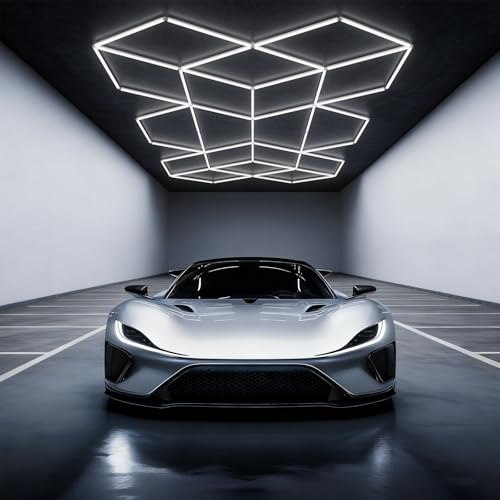 ALLYES Sechseckige Garagenleuchten, 49er-Pack, 6500K 318W, weiße, große dreieckige LED-Deckenleuchten für Autogarage, Lagerhalle, Werkstatt, Fitnessstudio, Besprechungsraum, Supermarkt