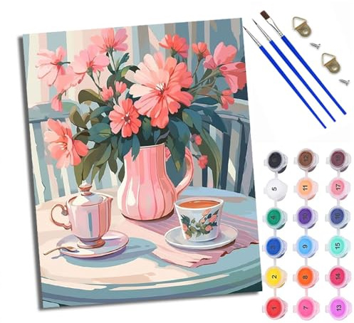 WXRWANG Paint by Numbers for Adults and Beginner Painting by Number Pink Flower Tea Set Small Scene with Frame Oil Paintings on Canvas House Wall Decor 16x20in