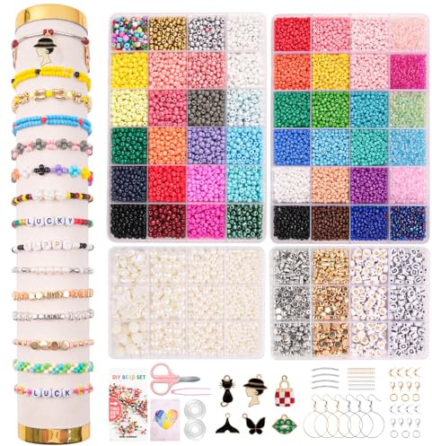 OIOYCLG 48 Farbe Selber Machen Perlen für armbänder 3mm und 4mm Glasperlen zum Auffädeln Schmuck Set, mit Weiße Perle,Buchstabenperlen,Anhänger- Für Weihnachten Feiertage Geburtstage Belohnungen