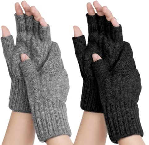 cnomg 2 Pairs Fingerless Gloves for Women Men Half Finger Winter Knitted Gloves for Typing Driving Biking Working Running