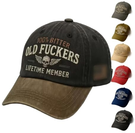 Basebollkeps i vintagestil, basebollkeps med texten ”100 % Bitter Old Fuckers Club Lifetime Member”, handgjorda broderier, justerbar storlek, sliten svart keps, rolig hatt, 1