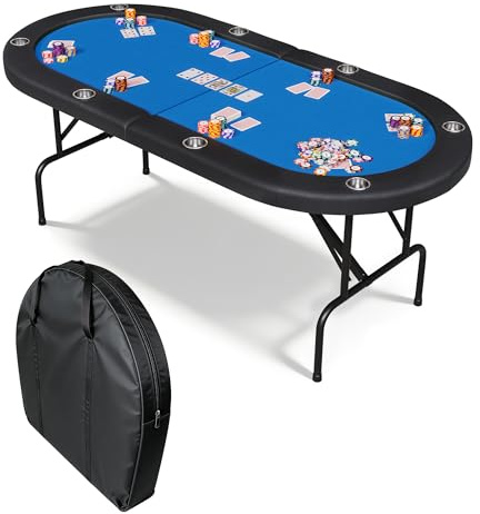 Garvee 8 Player Oval Poker Table Foldable, 72 Poker Game Tables with Storage Bag, Collapsible Legs, Padded Rails & Cup Holders, Portable Folding Game Table for Texas Holdem and Blackjack, Blue